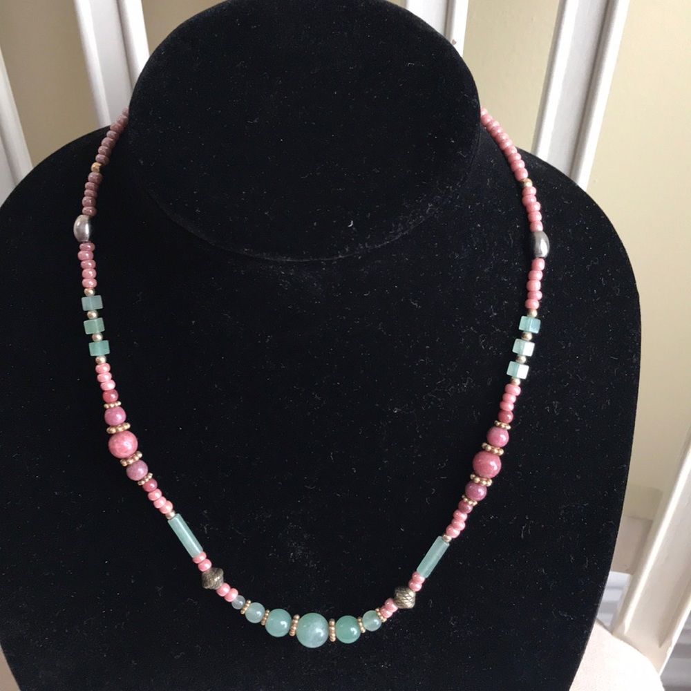 Artisan crafted Green and Pink Beaded Necklace.